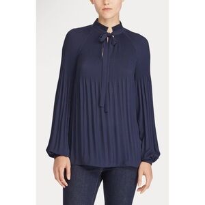 Ralph Lauren Navy Blue Pleated Long Puff Sleeve Tie Neck Blouse Top size large